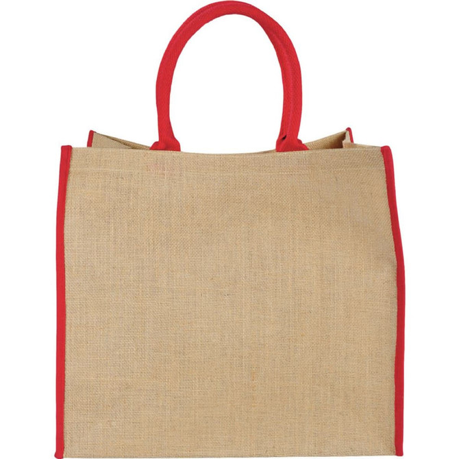 A large jute tote bag in natural jute with red handles and trim, featuring a logo.