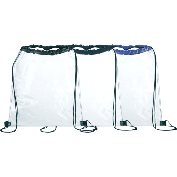 Three clear drawstring sportspacks in black, purple, and blue, featuring drawstring closures and branding.