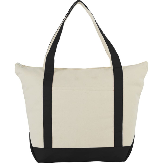 A zippered cotton tote bag in beige and black with dual handles and a front pocket. It features a logo.
