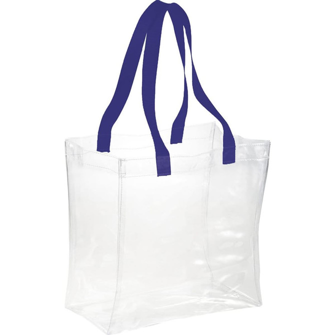A clear tote bag with navy blue handles, featuring a simple design suitable for various uses.
