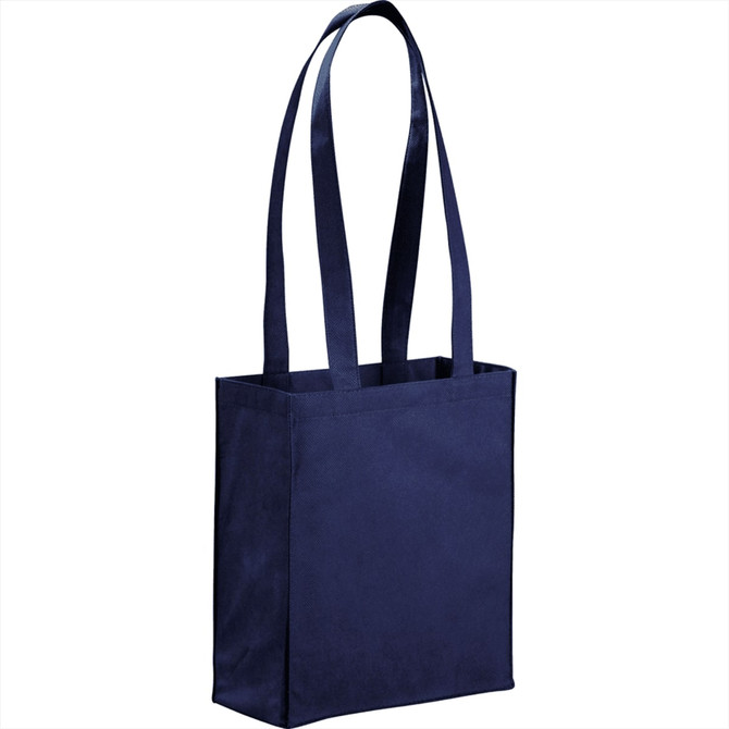 A navy blue non-woven tote bag with long handles and a simplistic design, featuring a logo.
