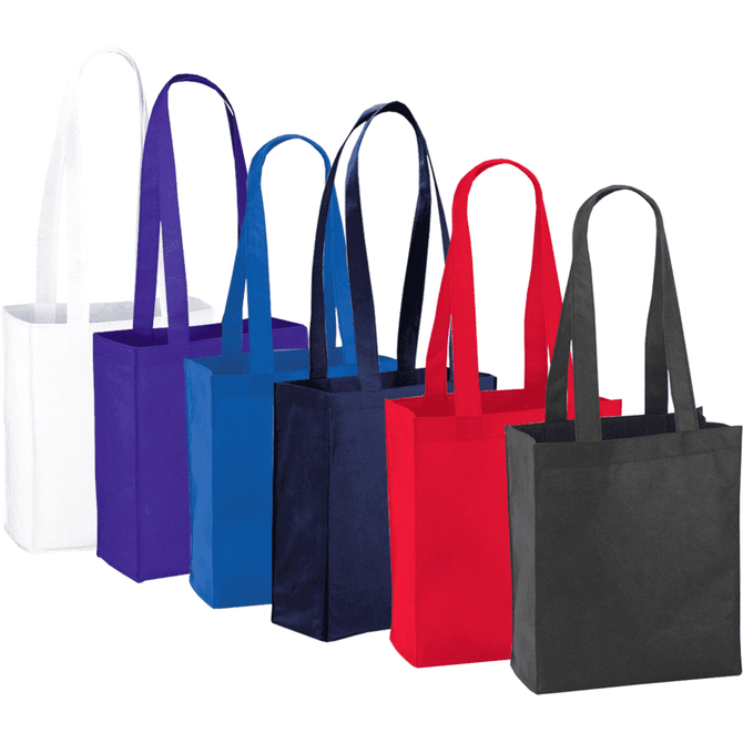 A collection of Mini Elm Non-Woven Tote bags in white, purple, blue, navy, red, and black, each with long handles and branding.