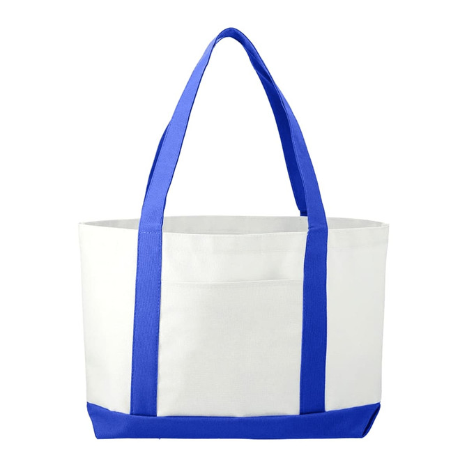 A large tote bag in white with blue handles and trim, featuring a simple design and a logo.