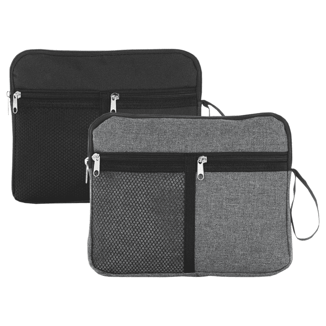 A multi-purpose travel bag in black and grey, with multiple zippered pockets and a stylish design.