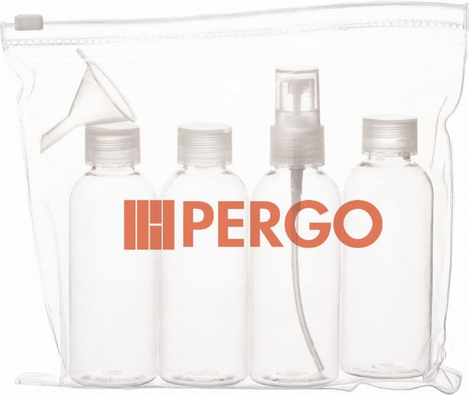 A clear toiletry bag containing four empty bottles—two with screw caps and one with a spray nozzle—plus a funnel.