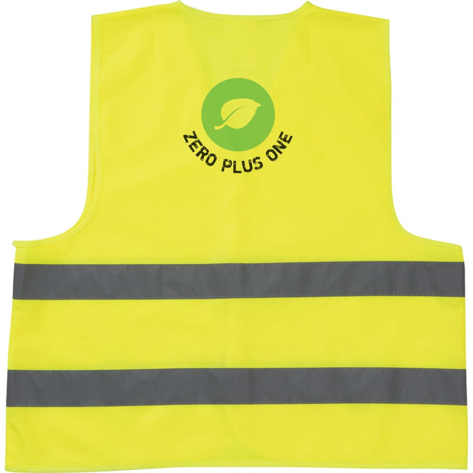 A high-visibility yellow safety vest with grey reflective stripes and a logo on the back.