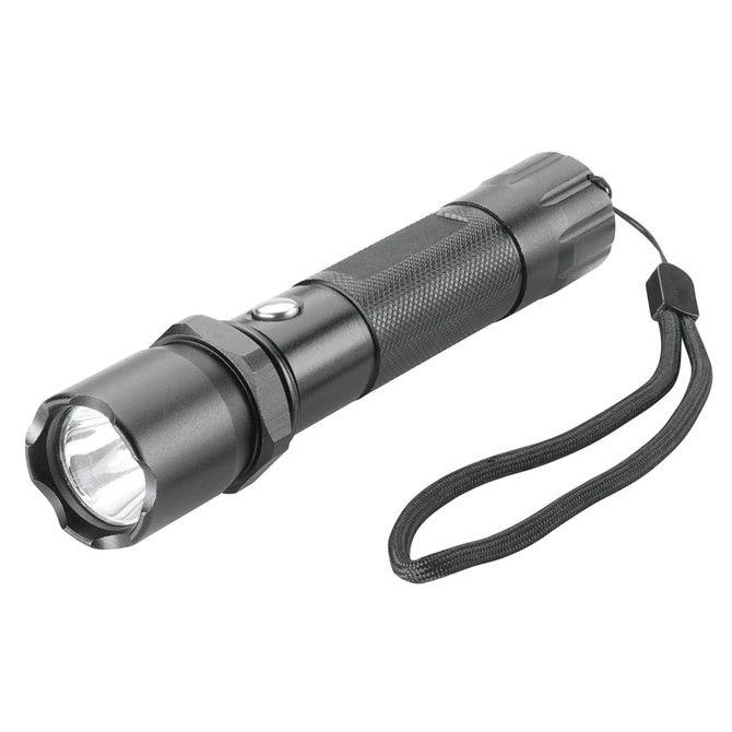 A black torch with a textured grip and wrist strap, featuring a light at one end. It has a branding logo.