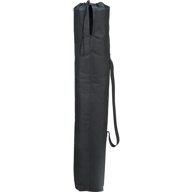 A black carrying bag for an oversized folding chair with a zipper and a shoulder strap. It has a logo.