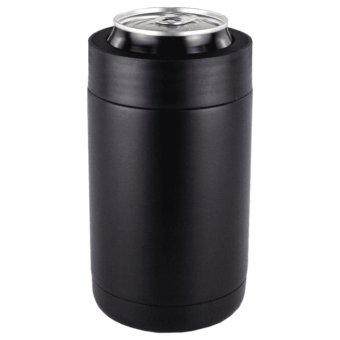 A drink bottle holder in matte black, designed for standard cans, featuring a cylindrical shape and a logo.