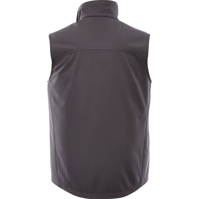 A black men's softshell vest with a high collar and no sleeves, featuring a logo.