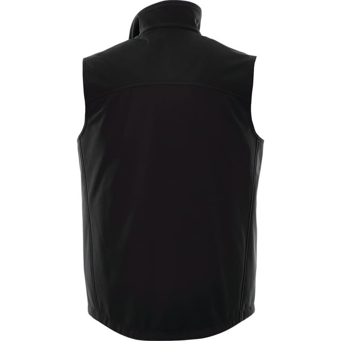 A black men's softshell vest featuring a high collar and a simple design with a logo on the back.