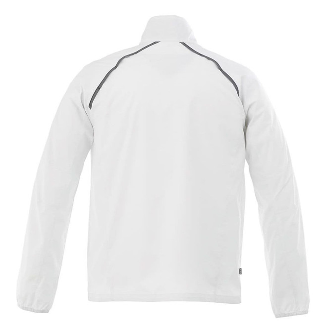 A white packable jacket with long sleeves and a high collar, featuring a logo on the back.