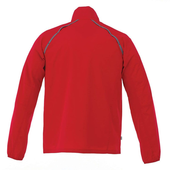 A red packable jacket for men featuring long sleeves and reflective detailing, with a logo present.