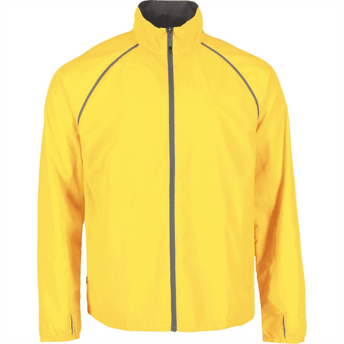A yellow packable jacket for men featuring a front zipper and a high collar. It has a logo on the chest.