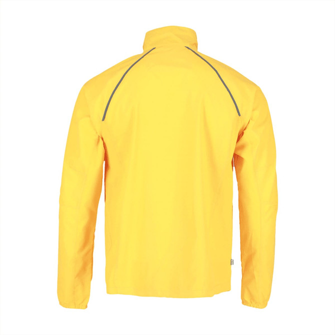 A yellow packable jacket for men with a collar and reflective detailing on the back, featuring a logo.