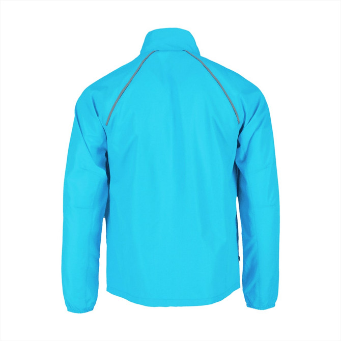 A blue packable jacket for men featuring a simple design and a logo on the back.