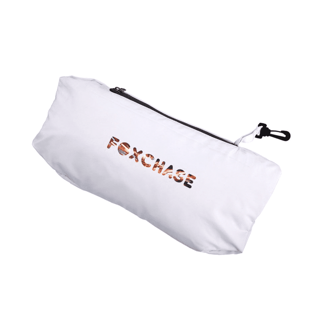 A white packable jacket with a zippered pocket, featuring a logo on the front.