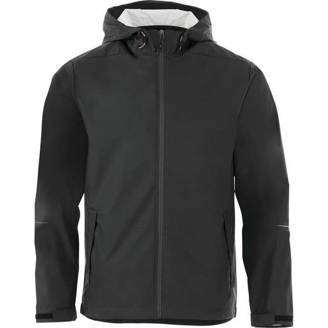 A black rain jacket with a hood, featuring zippered pockets and a logo on the front.