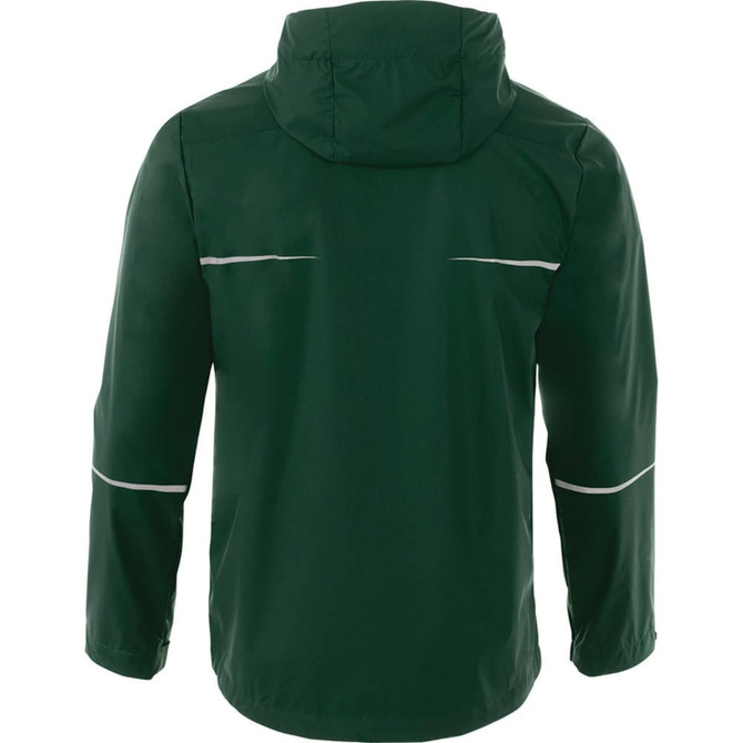 A green Cascade Jacket featuring a hood, with reflective stripes and a brand logo.