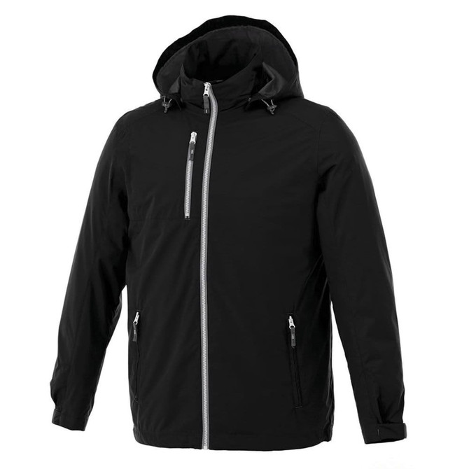 A black men's rain jacket with a hood and multiple zippered pockets, featuring a logo.