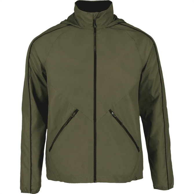 A men's packable jacket in dark green, featuring a hood and zippered pockets, with a branding logo.