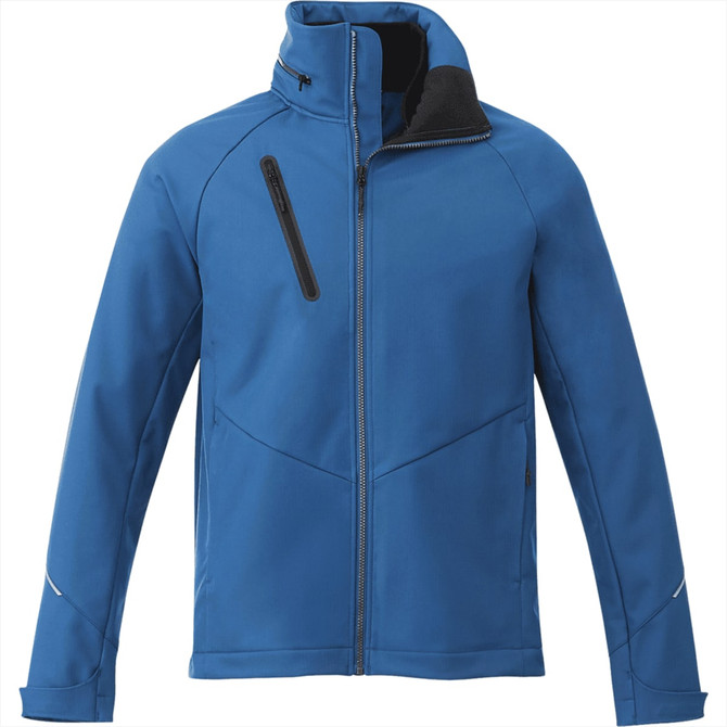 A blue men's softshell jacket with a high collar and zippers, featuring a small logo on the chest.