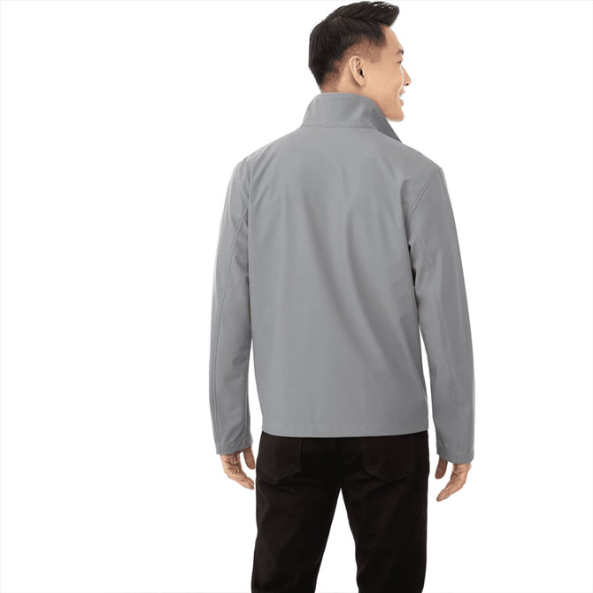 A men's softshell jacket in grey, featuring a collar and a logo on the back.