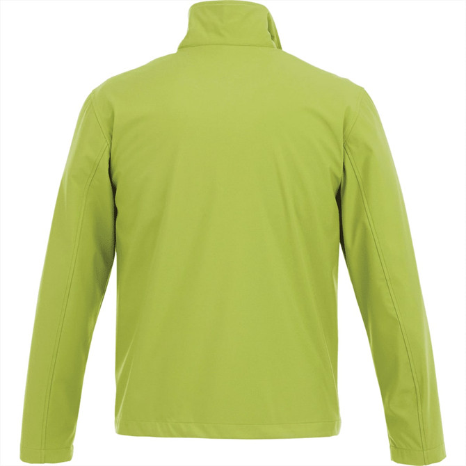A soft shell jacket in vibrant lime green, featuring a high collar and a smooth back design.