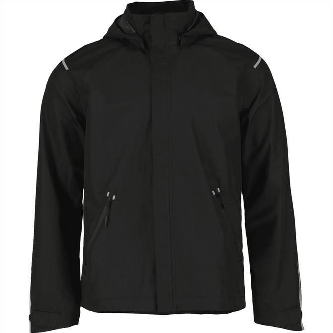 A black men's softshell jacket with a hood, featuring zippered pockets and reflective accents.