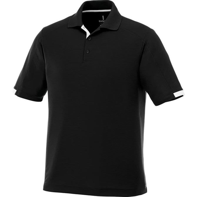 A black short sleeve polo shirt featuring a contrasting white trim and a logo on the chest.