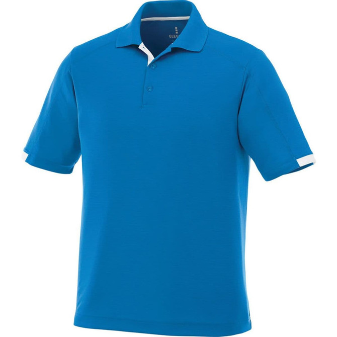 A short sleeve polo shirt in bright blue, featuring a collar and contrasting accents. It has a logo on the chest.