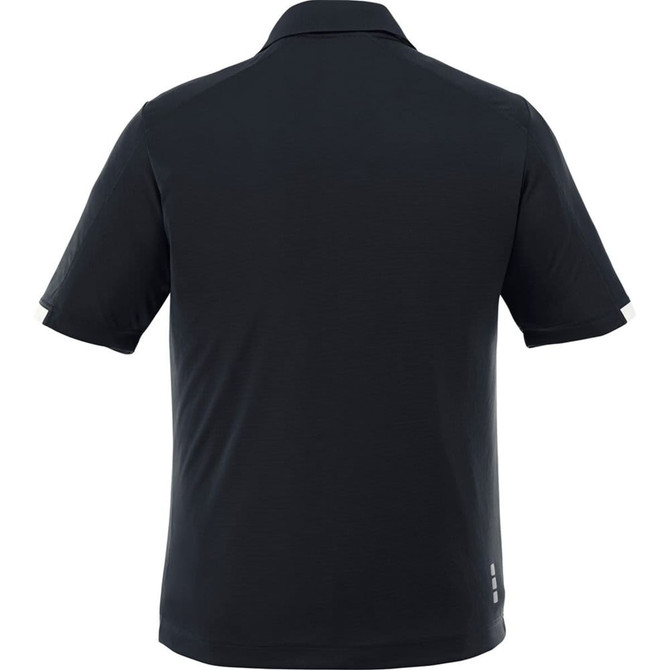 A black short sleeve polo shirt for men featuring a collar and a logo on the back.