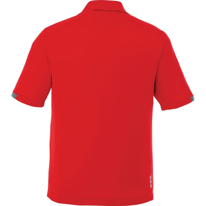A red short sleeve polo shirt for men, featuring a logo. The design is simple and stylish.
