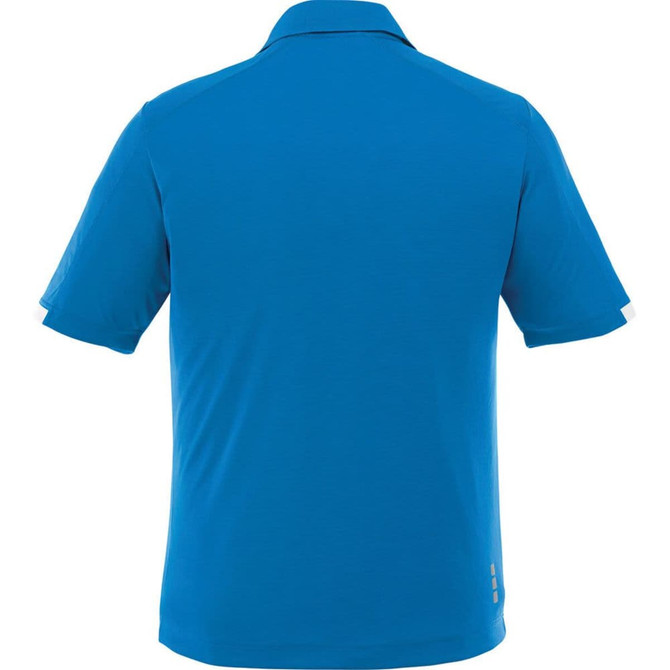 A men's short sleeve polo shirt in vibrant blue, featuring a collar and logo detailing on the back.