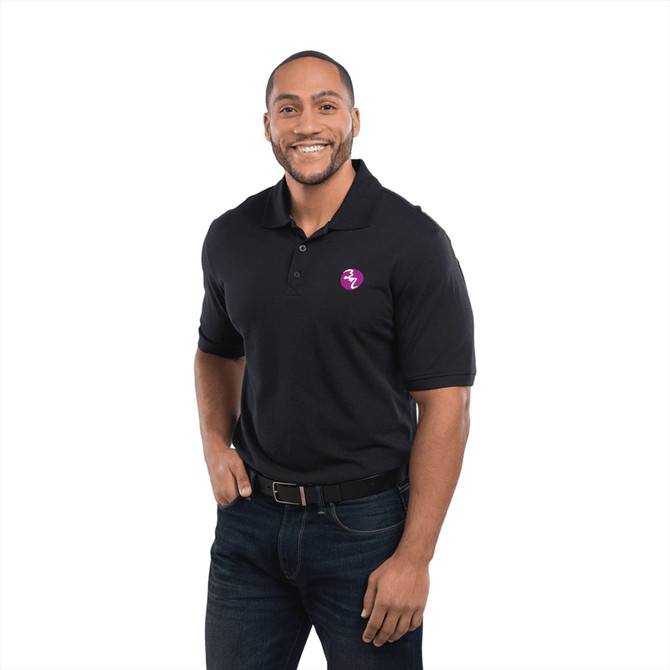 A black short sleeve polo shirt for men, featuring a logo on the chest and paired with dark jeans.
