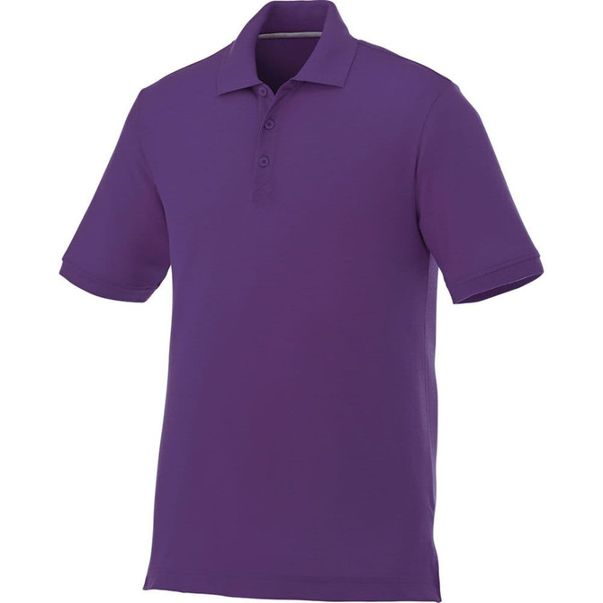 A men's short sleeve polo shirt in a vibrant purple colour, featuring a collar and three buttons. It has a logo on it.