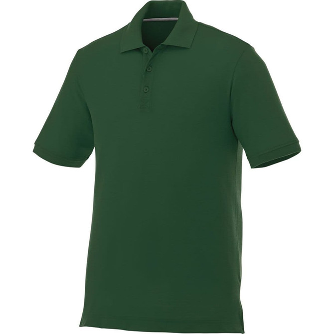 A men's short sleeve polo shirt in deep green, featuring a collar and a logo on the chest.