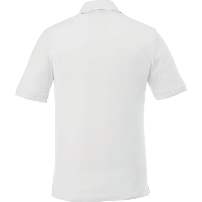 A short sleeve polo shirt in white, featuring a collar and a logo. The back view showcases its simple design.
