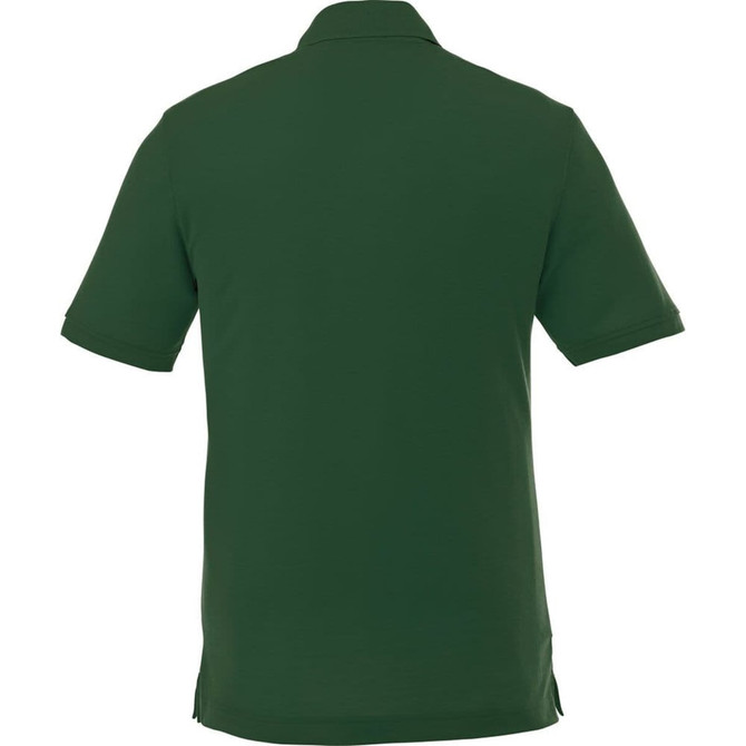 A green men's short sleeve polo shirt featuring a collar and side slits, with a logo on the back.