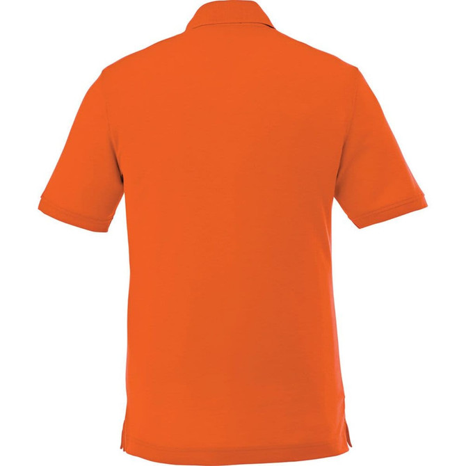 An orange men's short sleeve polo shirt with a collar and a logo on the back.
