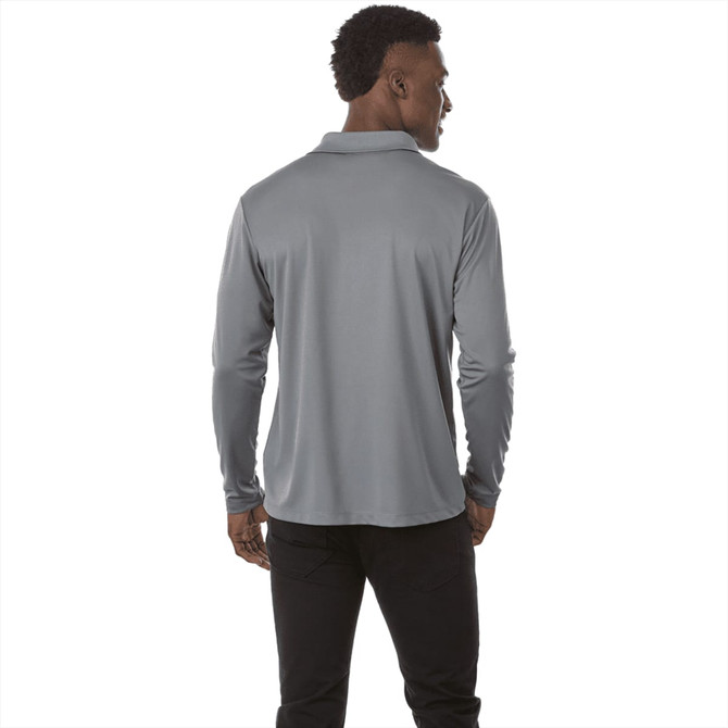 A men's long sleeve polo shirt in grey, featuring a collar and long sleeves, with a branding logo.