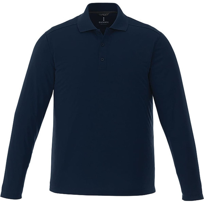 A long sleeve navy polo shirt for men, featuring a collar and a logo on the chest.