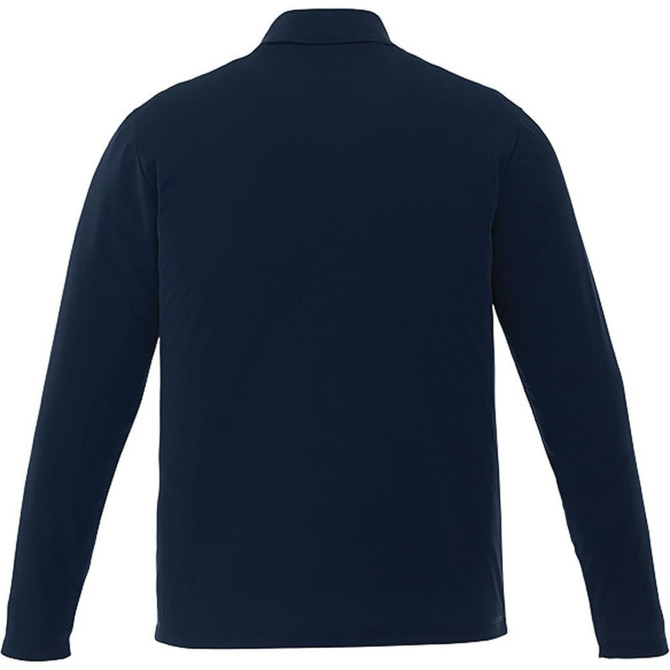 A navy long sleeve polo shirt for men, featuring a collar and a branded logo on the back.
