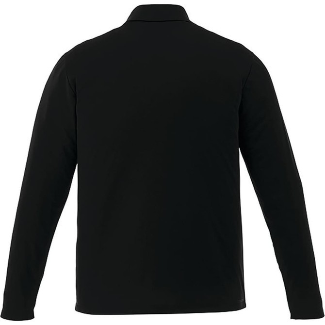 A black long sleeve polo shirt for men, featuring a collar and a logo on the back.