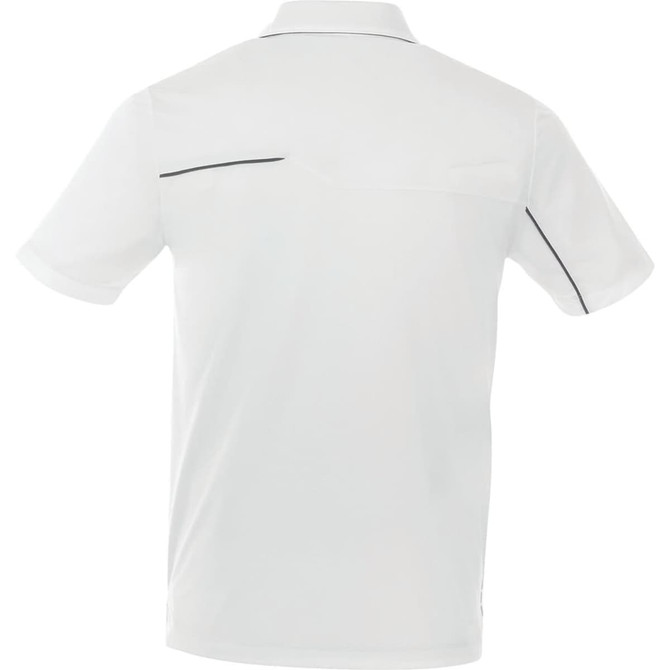 A white men's short sleeve polo shirt featuring a back design with contrasting trim and a logo.