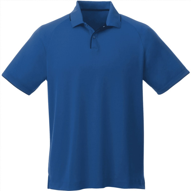 A blue men's polo shirt with short sleeves and a collar, featuring a logo on the chest.
