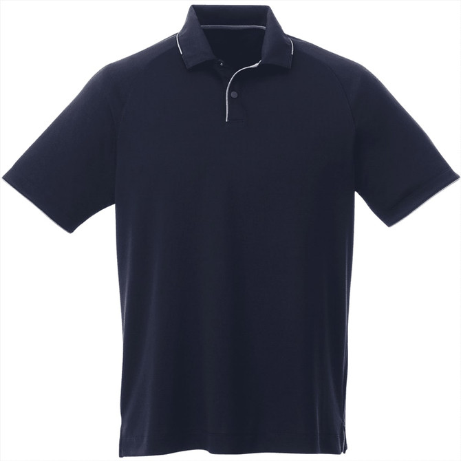A navy blue men's polo shirt with a collar and a contrasting trim, featuring a logo on the chest.