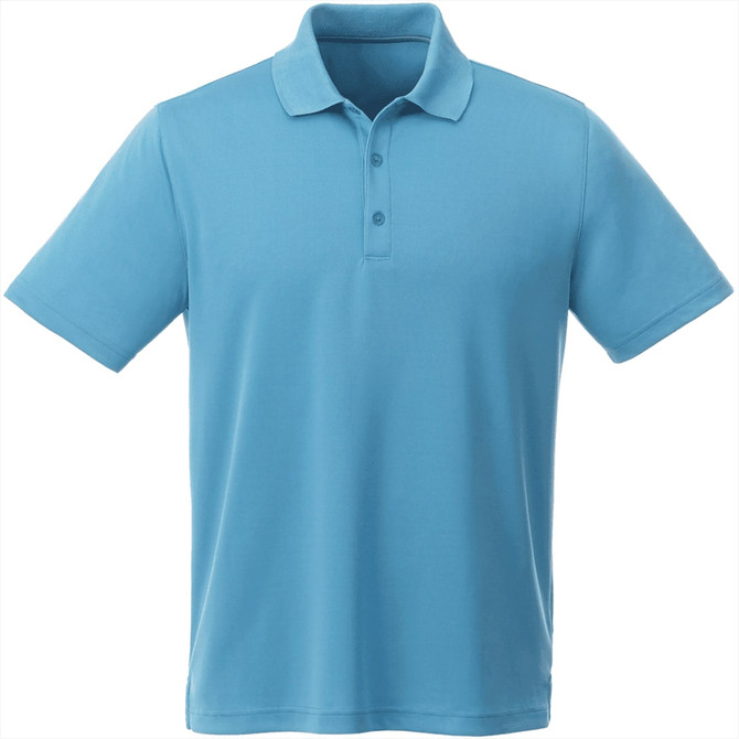 A light blue short sleeve polo shirt featuring a collar and button placket, with a logo on it.