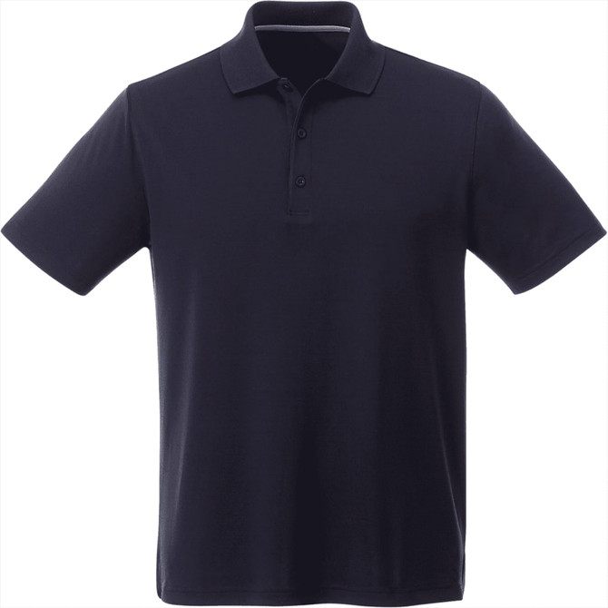 A short sleeve men's polo shirt in navy blue with a collar and three buttons, featuring a logo.