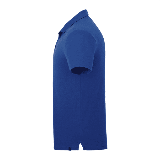 A blue men's polo shirt featuring short sleeves and a collar, with a logo on the side.